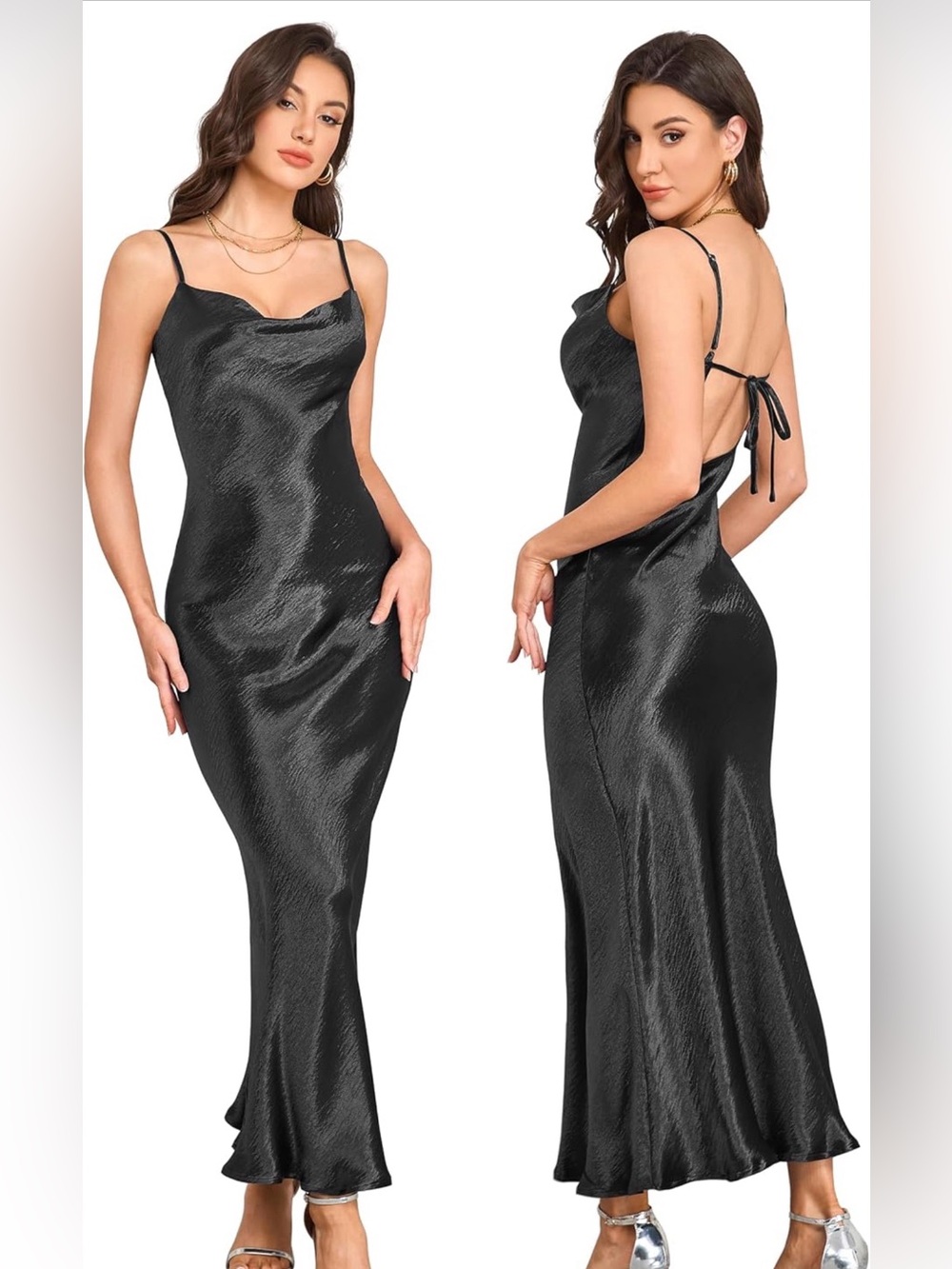 Long Black Satin Slip Dress Size M Cowl Neck Back Tie Detail
